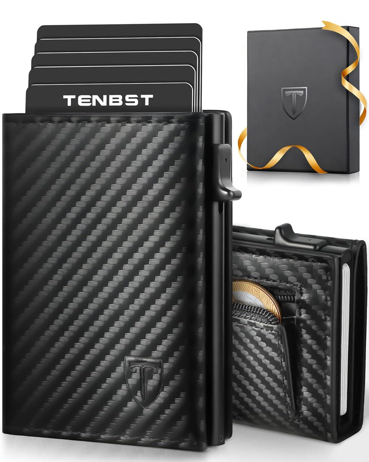 TENBST Geldbörse Herren | Slim Wallet mit Münzfach & RFID-Schutz | Portmonee Herren | Mini Kartenetui Kartenhalter Geldbeutel | Geschenke zum Vatertag | Carbon-Schwarz Schwarz01 Angebot bei HelloDeals