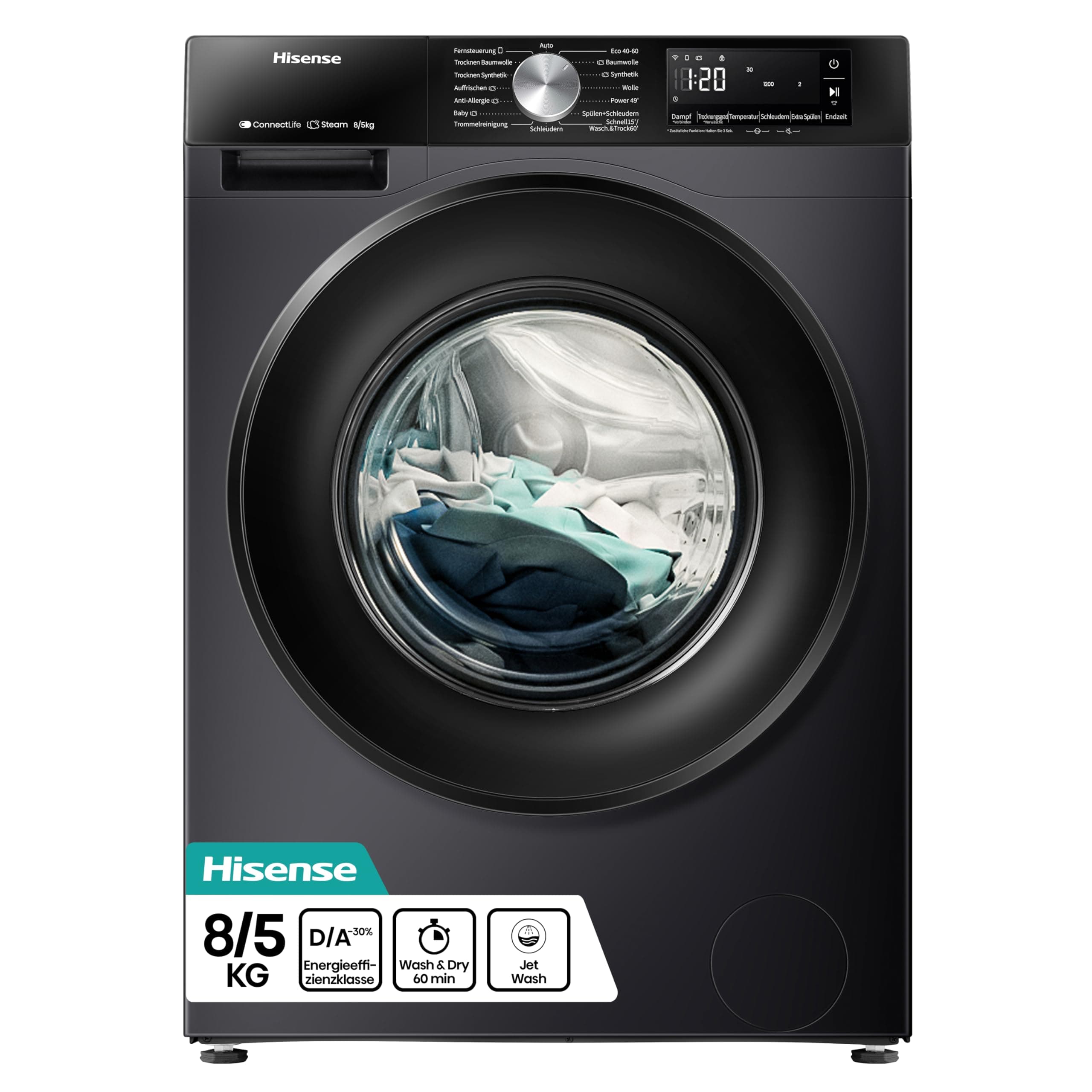 Hinsense WD3S8043BB3 Waschtrockner/ConnectLife /16 Programme /8 KG, 54 Liter /1400 U/min/Dampffunktion/JetWash/Anti-Allergie Program/Auto Program/Eco Wash/Steam Refresh/Schwarz Schwarz 8 KG 3S Angebot bei HelloDeals