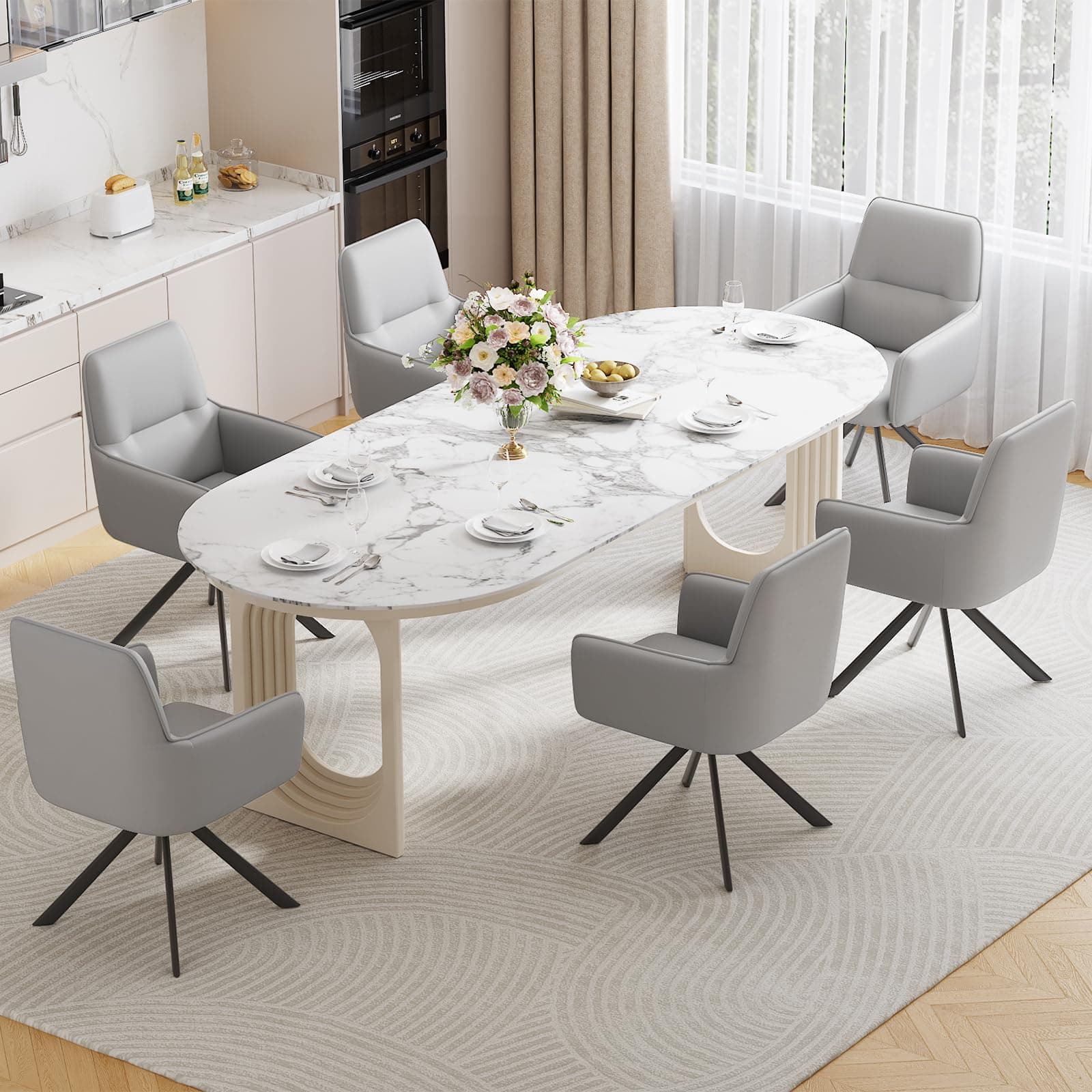 Esszimmerstühle Drehbar mit Armlehne 6er Set, 360°Drehbar Polsterstuhl Küchenstuhl aus PU-Leder, Stühle Esszimmer Schminkstuhl mit Metallbeine für Esszimmer Küche Schlafzimmer, Grau Grau 2 6 Stück Angebot bei HelloDeals