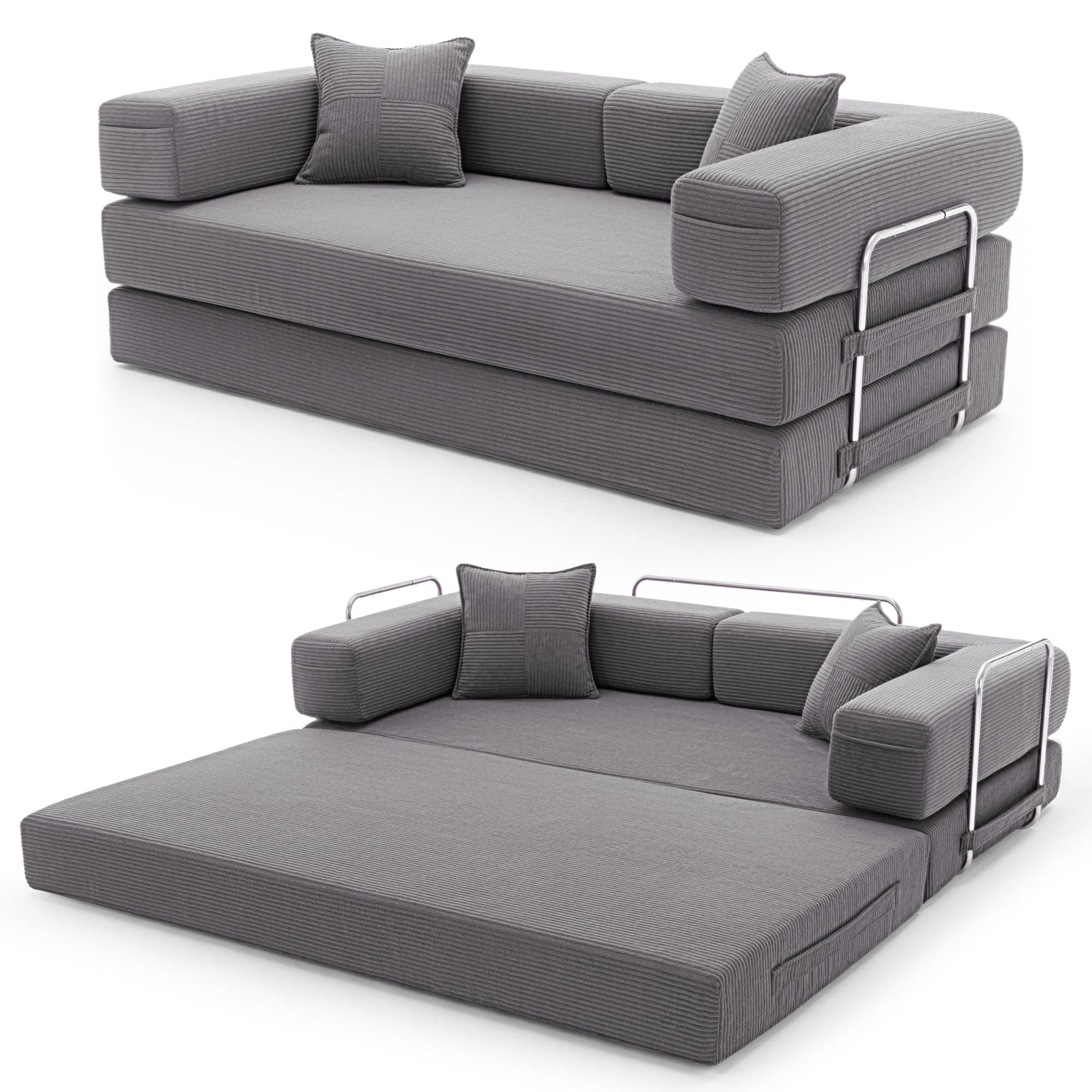 YINIX Cordstoff Schlafsofa 200cm, 5-in-1 Faltbares 3-Sitzer Bodensofa mit Metallrahmen, Modulares Gästebett aus hochdichtem Schaumstoff, Keine Montage (Grau) Angebot bei HelloDeals