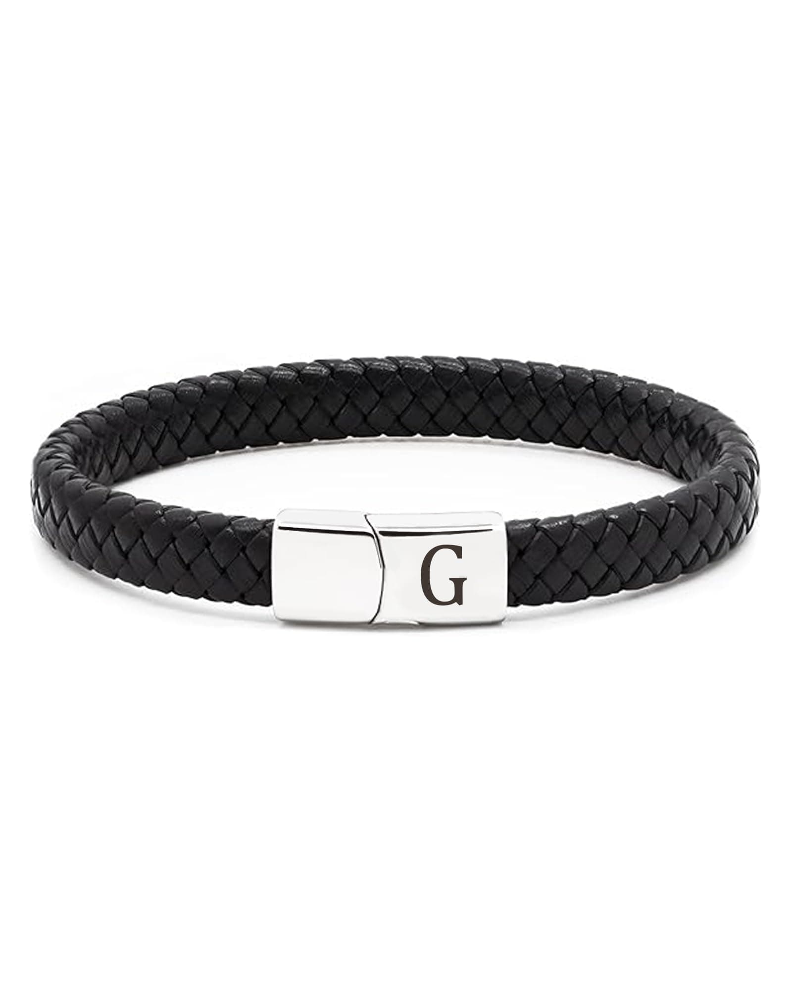 Lederarmband Herren mit Buchstaben Gravur Schwarz Geflochten | Personalisiertes A-Z Buchstaben Armband Edelstahl Magnetverschluss Armbänder Geschenke für Männer Jungs Schulstart Geburtstag Silber G Angebot bei HelloDeals