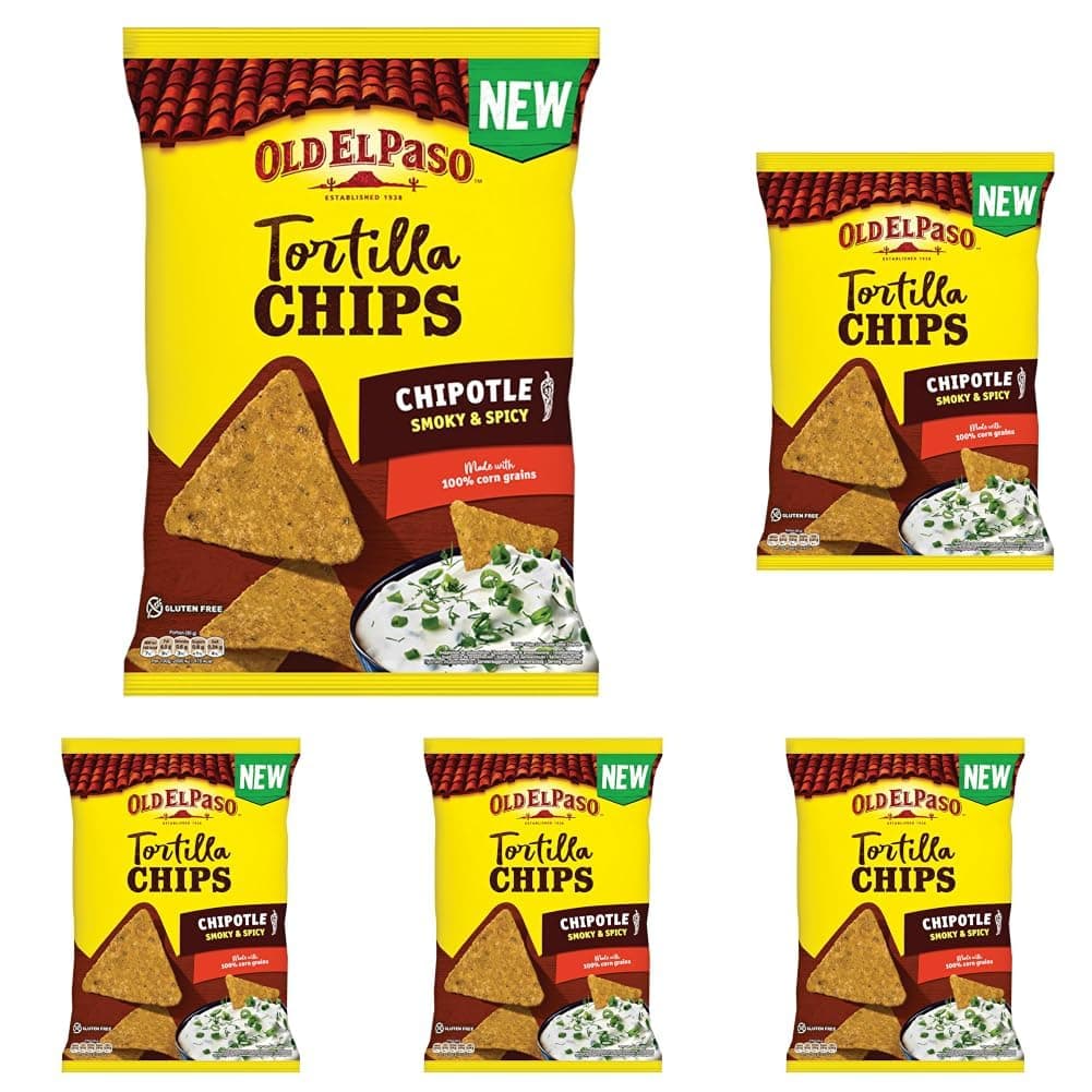 Old El Paso Tortilla Chips Chipotle Smoky & Spicy – Nachos Chips aus Mais gebacken mit Chipotle Chili Geschmack – Glutenfrei – 1 x 170 g (Packung mit 5) Einzeldosis (Packung mit 5) Angebot bei HelloDeals