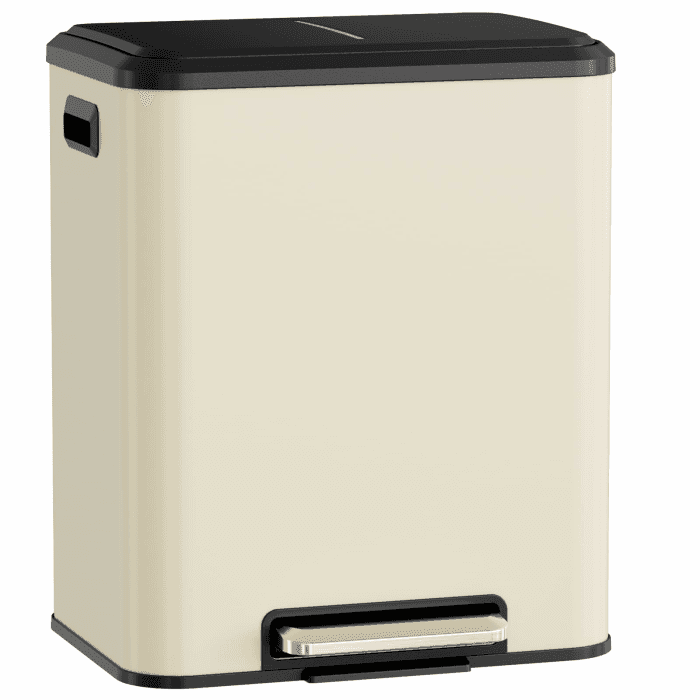 LIFERUN Mülleimer 2 Fächer, Mülltrennsystem 2 x 15 L,Sandbeige | Abfalleimer Küche aus Edelstahl, Softclose Deckel, Inneneimer Abnehmbar mit Griffe,Doppelfach Treteimer,für Single-Wohnung Angebot bei HelloDeals