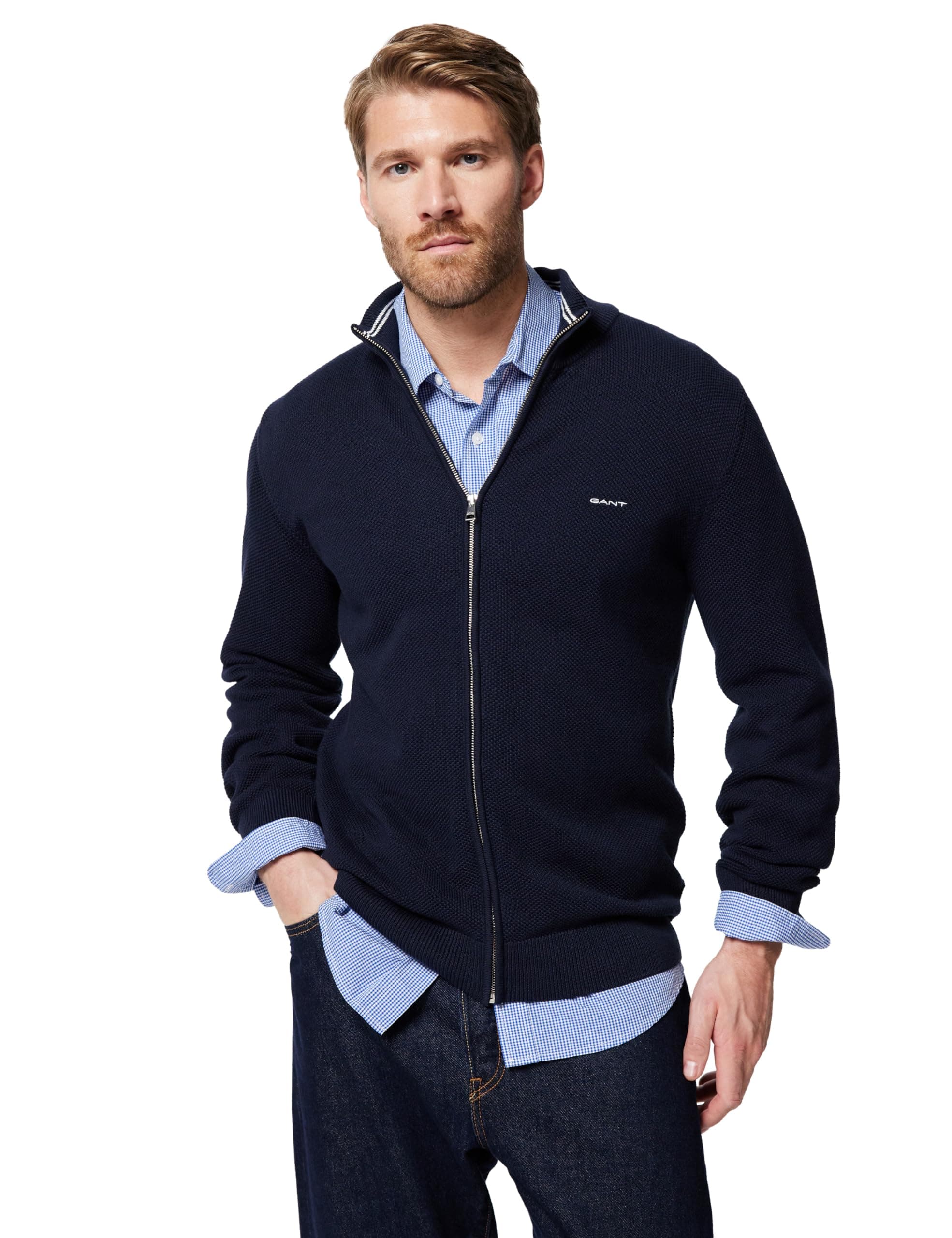 Gant Herren Cotton Pique Zip Cardigan Strickjacke (1er Pack) XXL Evening Blue 1 Angebot bei HelloDeals