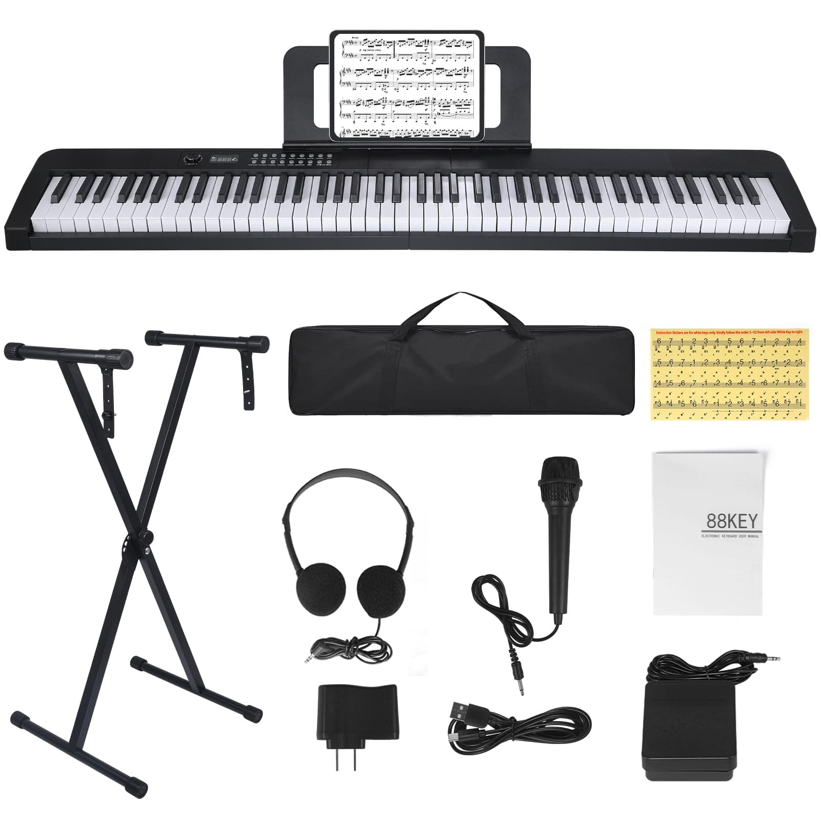 Klaviertastatur mit 88 Tasten, elektrisches Digitalpiano mit halbgewichteten Tasten, Keyboard Piano mit Sustain-Pedal, Netzteil, Ständer, Tragetasche, Kopfhörer, USB-MIDI-Kompatibilität, für Anfänger Angebot bei HelloDeals