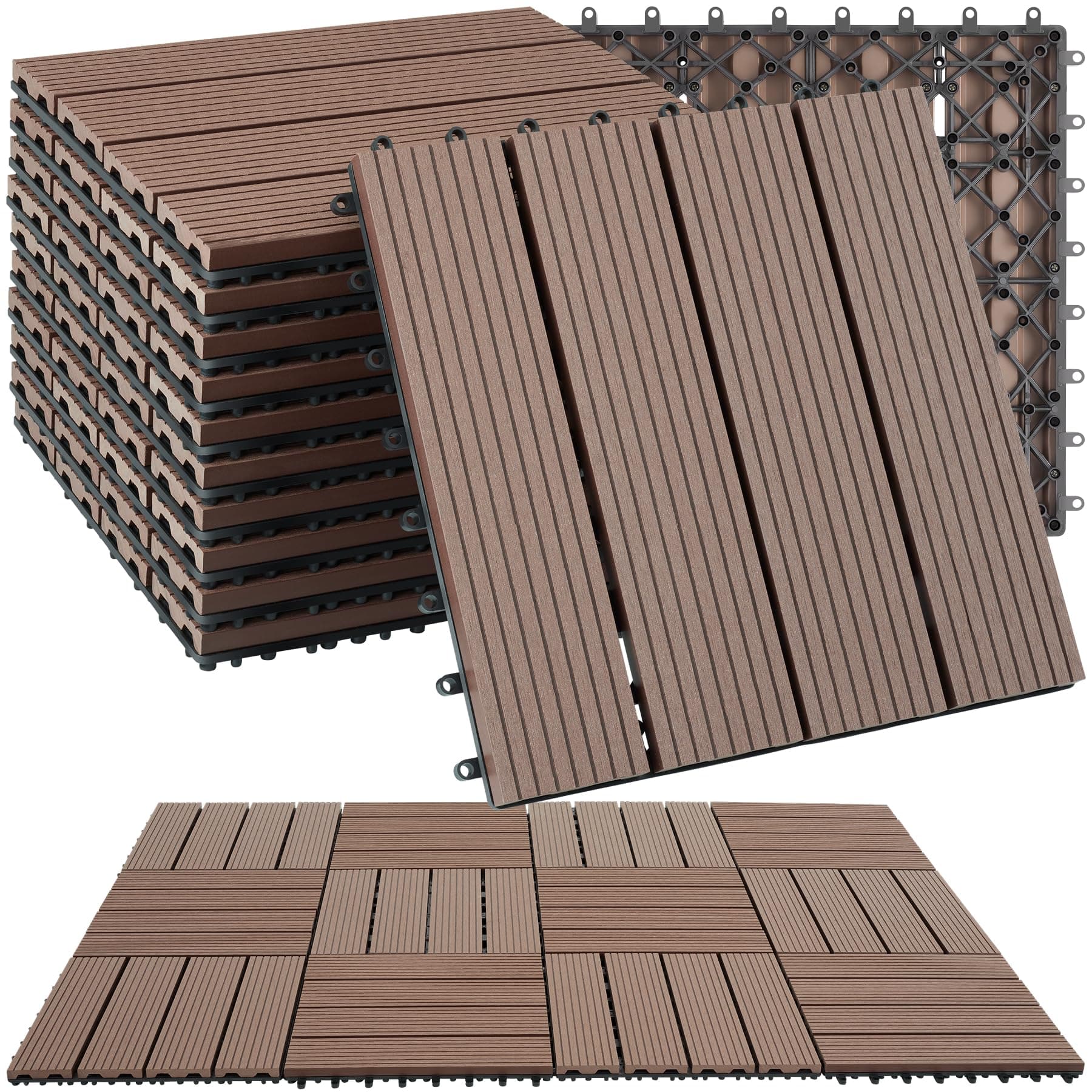 tectake® WPC Holzfliesen, 31x31 cm, Holzoptik Fliesen wetterfest, 11er Set = 1,0571 m², Bodenbelag für Wintergarten, Bodenfliesen, Balkonboden, Boden Terrassenfliesen mit Klicksystem, Drainage - braun 11er Set Wpc - Braun Angebot bei HelloDeals