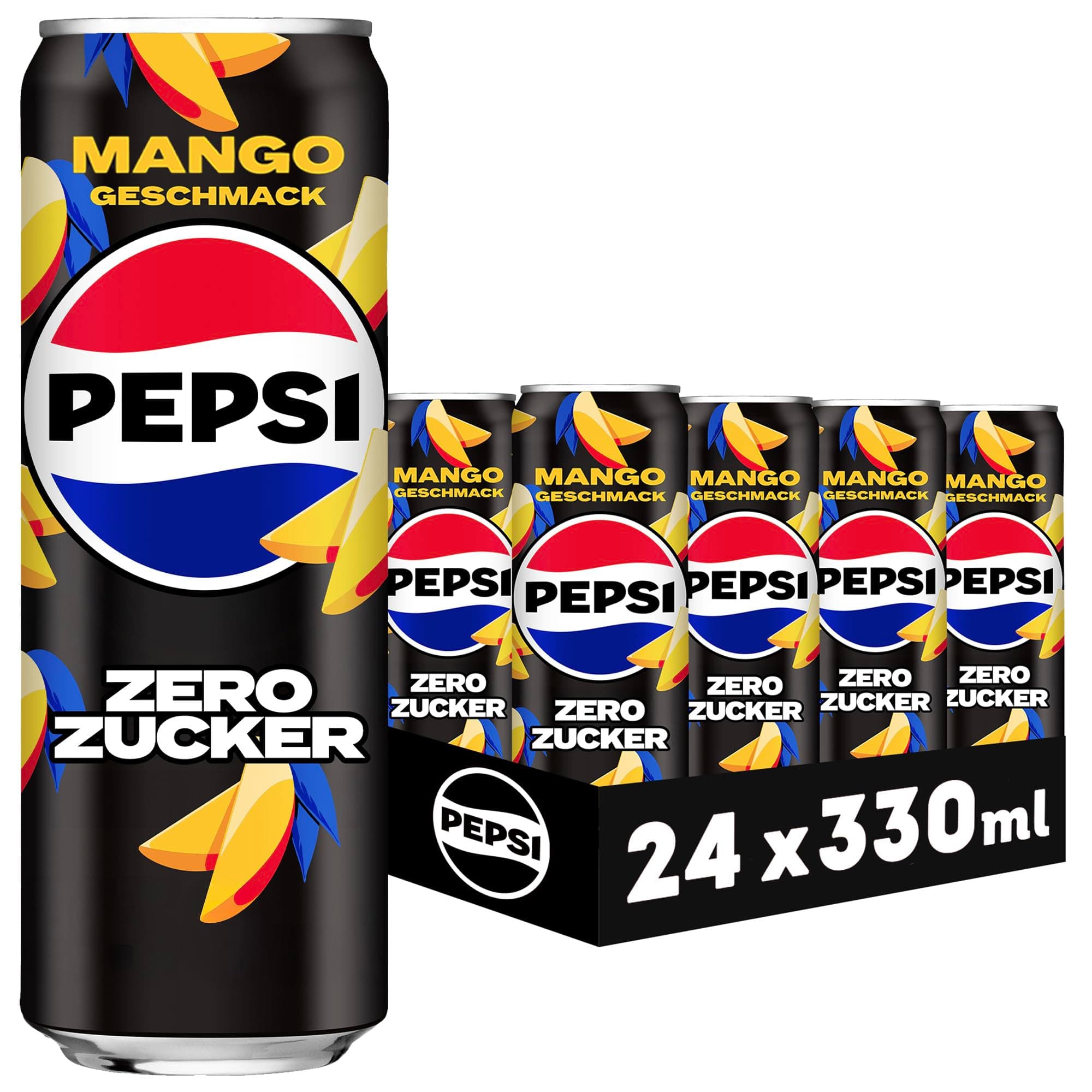 Pepsi Zero Zucker Mango, Das zuckerfreie Erfrischungsgetränk von ohne Kalorien, Koffeinhaltige Cola mit Mango Geschmack in der Dose, EINWEG (24 x 0.33 l) (Verpackungsdesign kann abweichen) Angebot bei HelloDeals
