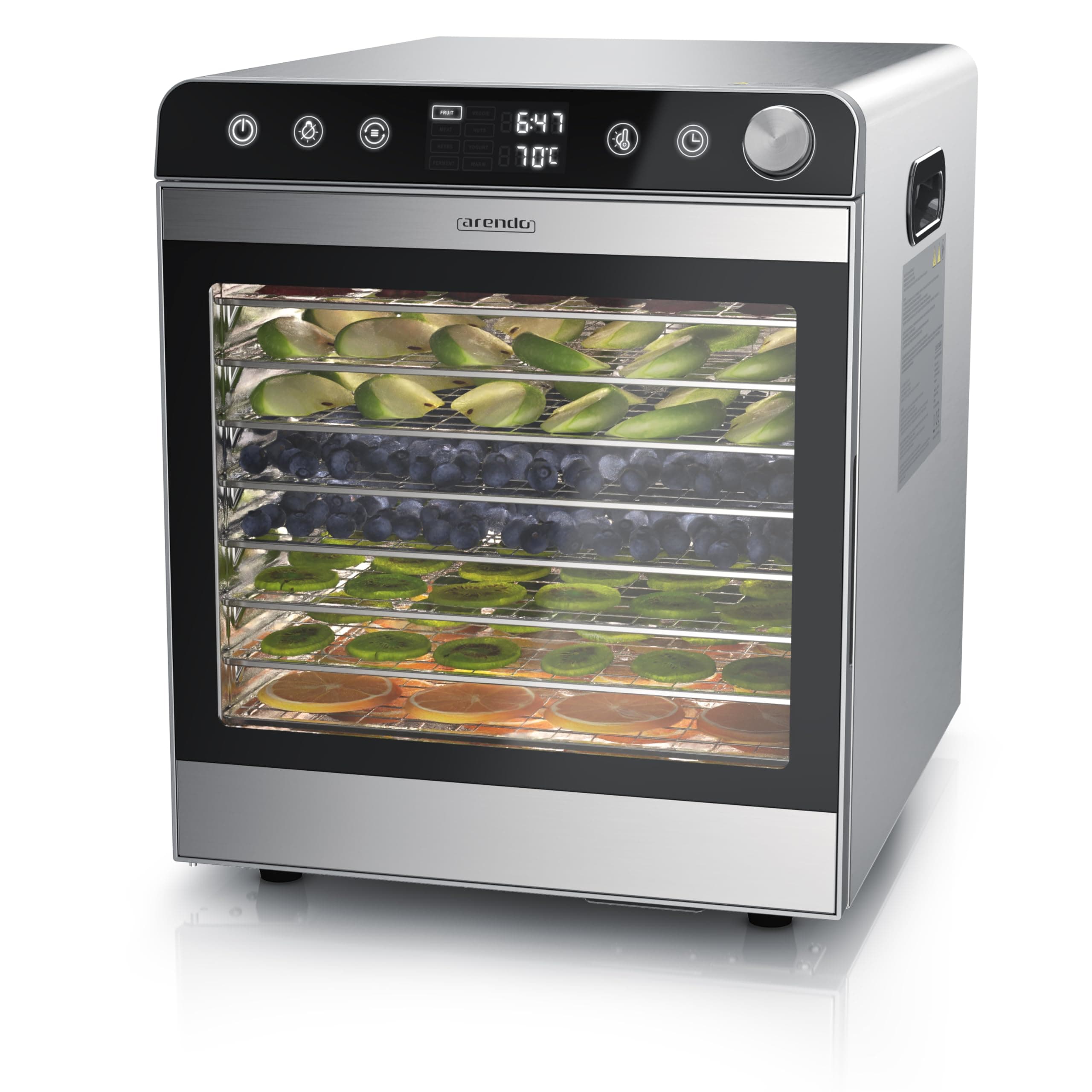Arendo - Dörrautomat Edelstahl mit 10 Edelstahlgitter - 8400 cm² - Dörrgerät Dehydrator Obsttrockner Dörrapparat - Obst Fleisch Pilze uvm B: 10 Fach Angebot bei HelloDeals
