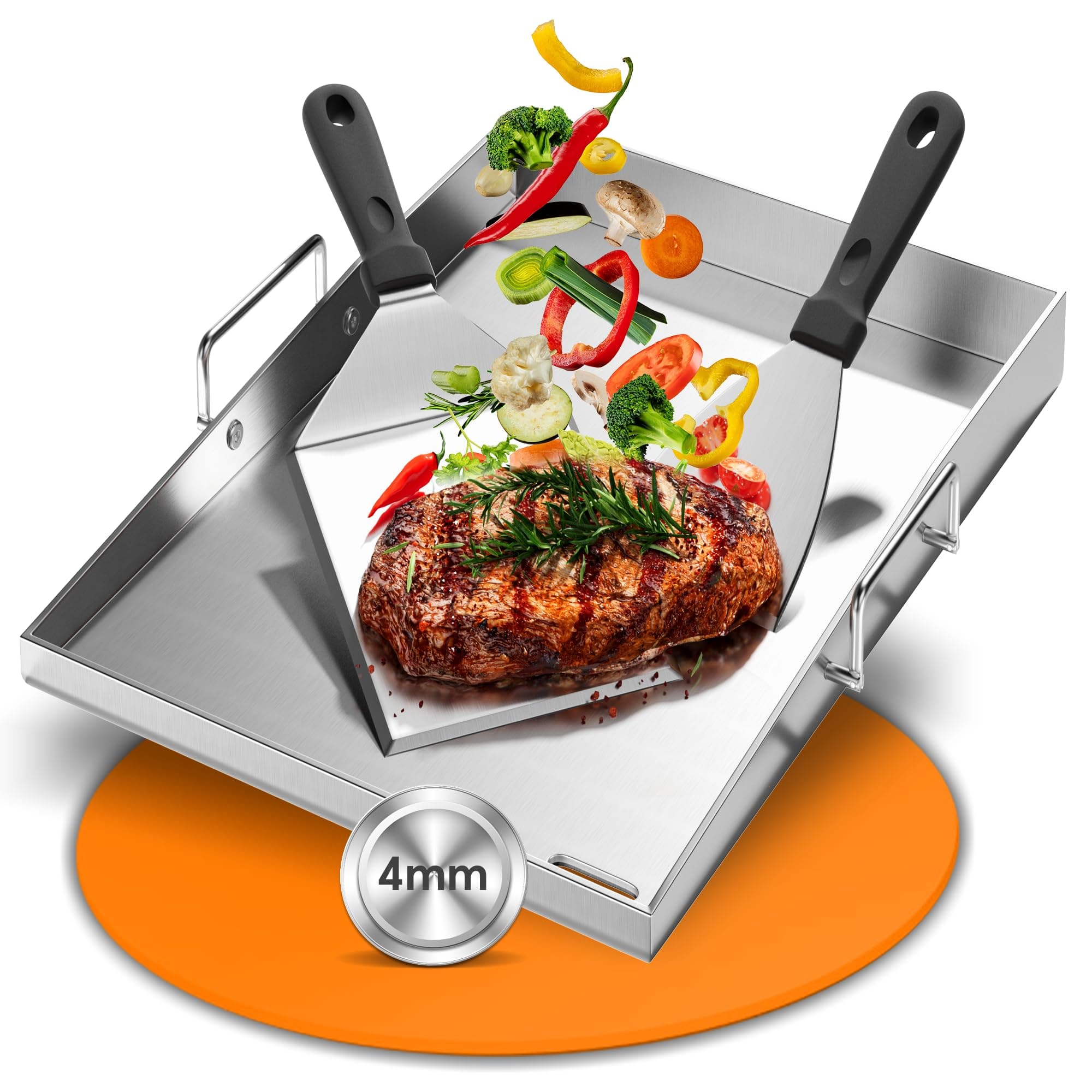 Plancha Grillplatte Edelstahl 40x30cm (4mm) für Gasgrill & Holzkohlegrill – Geschlossene Ecken, Fettablauf, Rostfrei – mit Tragebügel & 2 Spachtel – Camping & Garten 40 x 30 x 4 cm Angebot bei HelloDeals