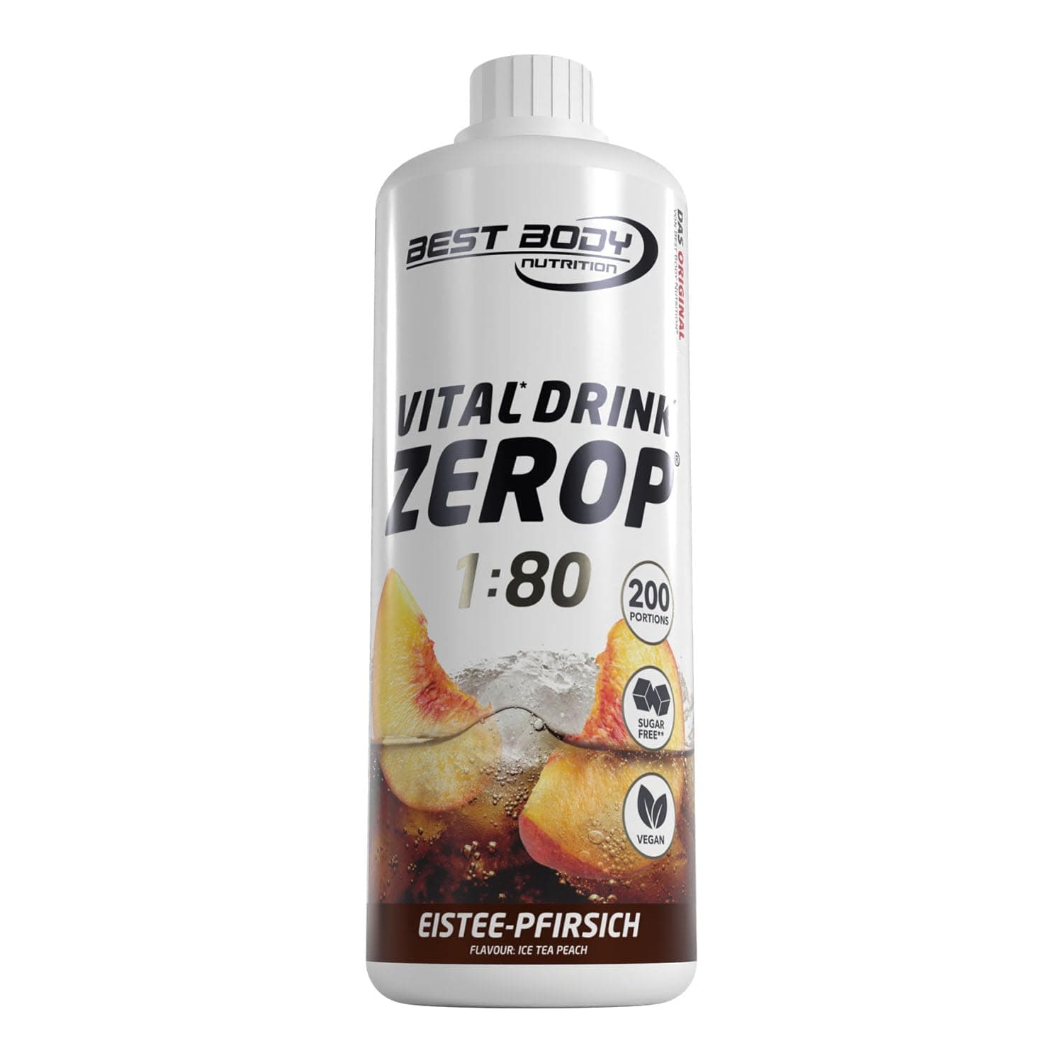 Best Body Nutrition ZEROP Vital Zuckerfreies Getränkekonzentrat Sirup Eistee-Pfirsich Ohne Aspartam 1 L ergibt 80 L Getränk Fitness Drink mit Vitaminen B1 B6 Niacin Kalorienarm Wassersprudler Eistee Pfirsich 1 l (1er Pack) Angebot bei HelloDeals
