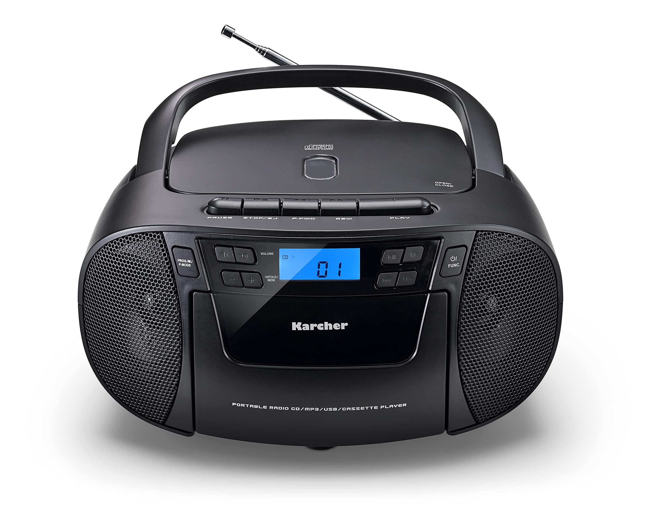 Karcher RR 5045 tragbares CD Radio (Boombox mit CD-Player, Kassette, UKW Radio, Netzbetrieb, USB & AUX-In) Schwarz Schwarz UKW Kassette Single Angebot bei HelloDeals
