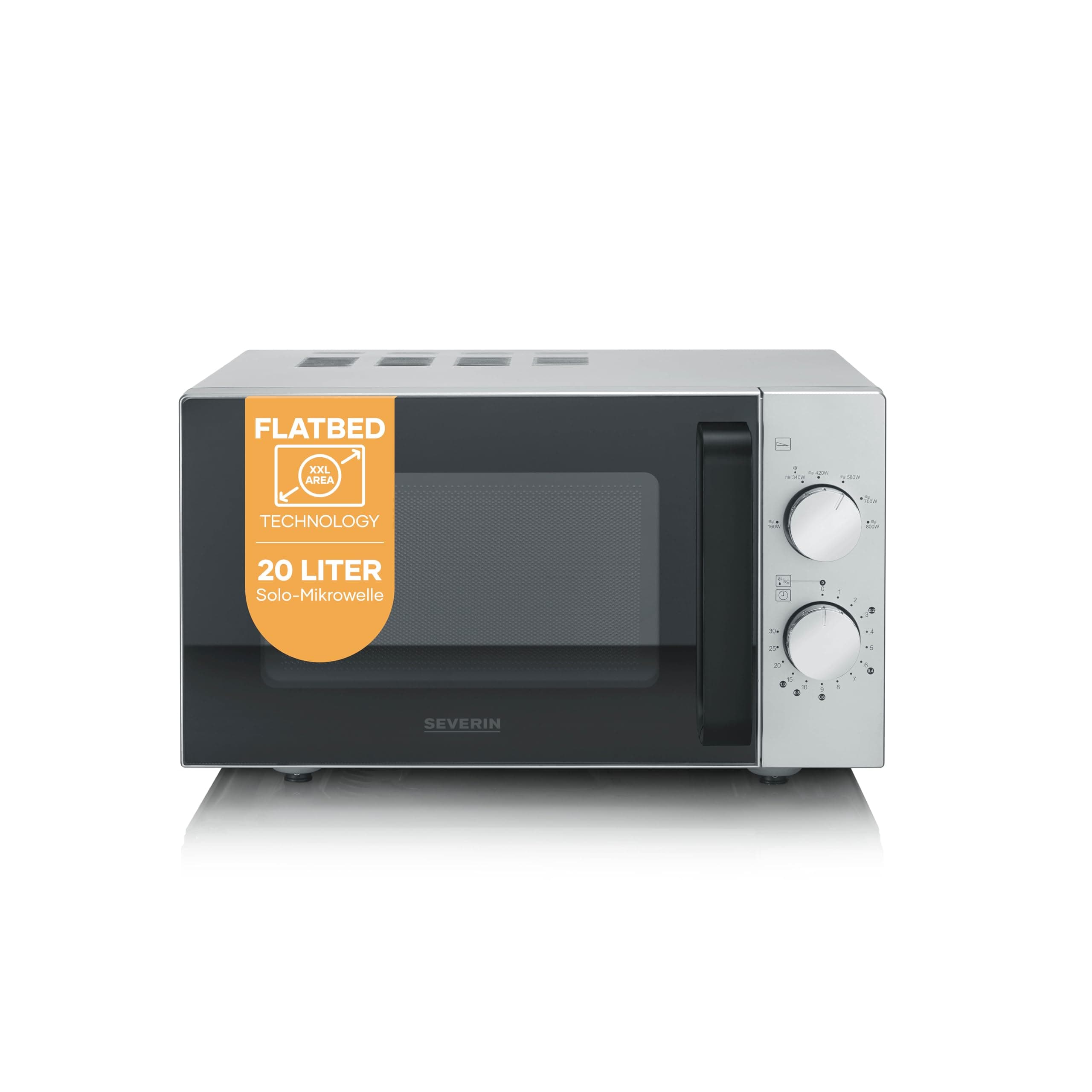 Severin Solo-Mikrowelle mit Glasboden, Flatbed (flacher Hohlraum für große Speisen), ohne Drehteller, gleichmäßige Erwärmung, 6 Stufen, 2 Drehregler, 20L, 800W, matt,schwarz,Edelstahl, MW 9184 Silber-schwarz 20L Solo Angebot bei HelloDeals