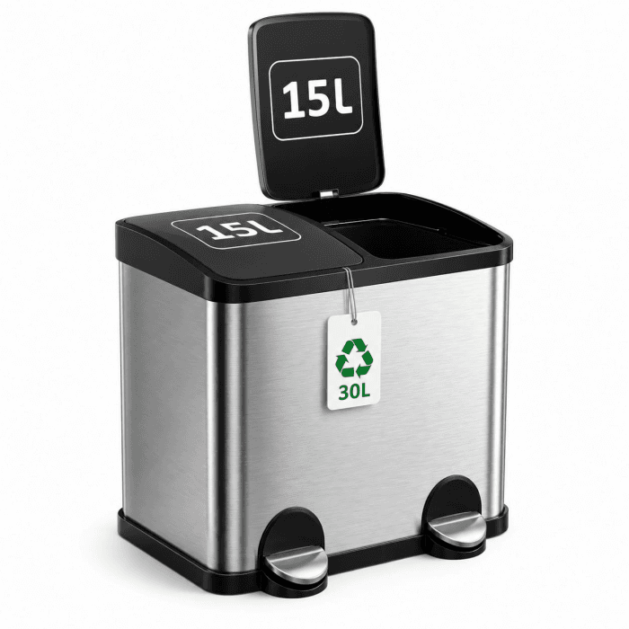 Amig - Doppelter Abfalleimer Recycling Mod. RECIK2-2 x 15L - 30 Liter - Mit 2 Fächern und Öffnung mit Pedal - 48x32x40 cm - Fassungsvermögen 15 l pro Behälter - Hermetischer Deckel - Edelstahl Silber 2 Fächer Angebot bei HelloDeals