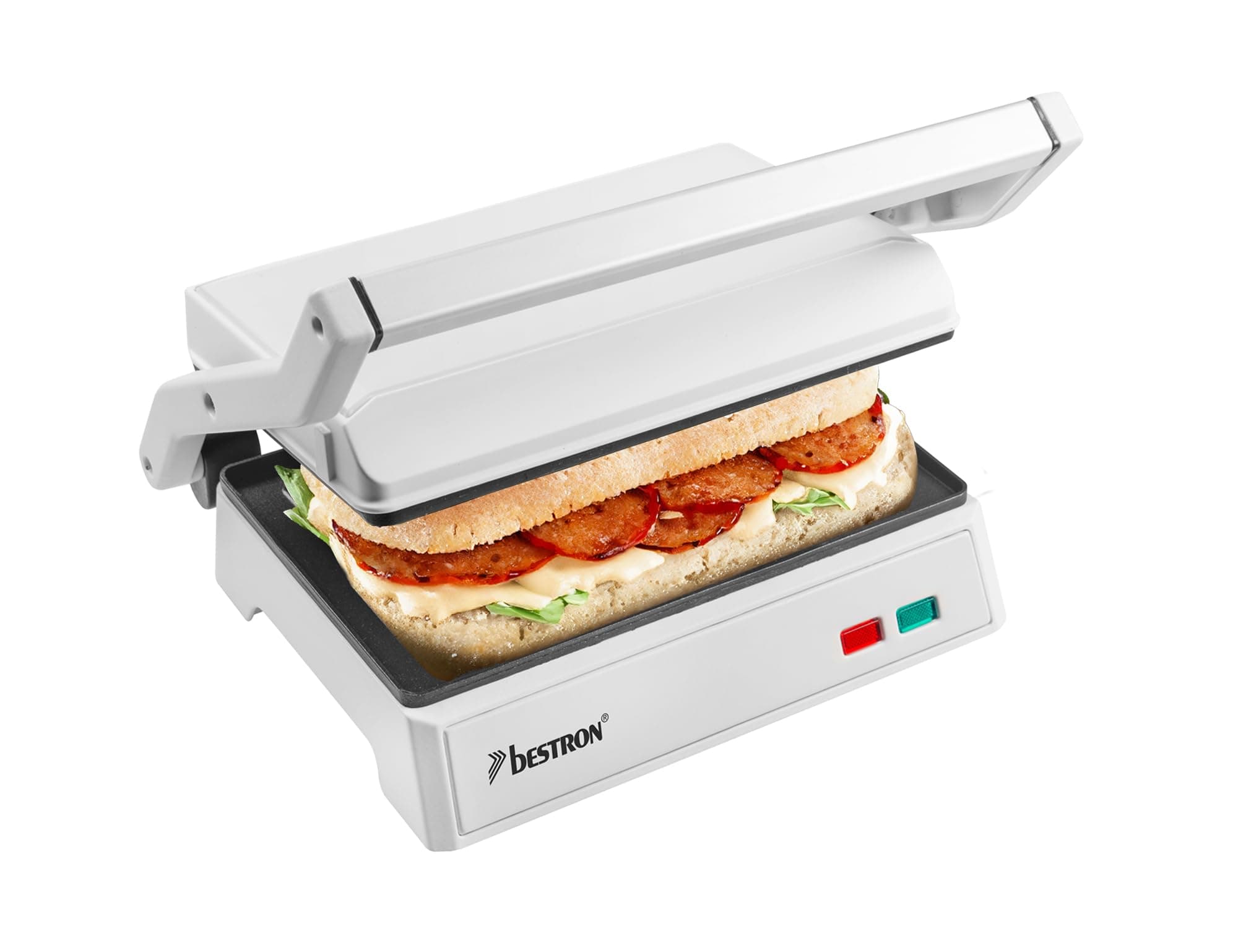 Bestron elektrischer Kontaktgrill mit Auffangschale, Sandwichmaker mit Cool-Touch-Handgriff & 180° Öffnung, Paninimaker mit Antihaftbeschichtung, Einsteigermodell, APM124W, Farbe: Hellweiß Angebot bei HelloDeals