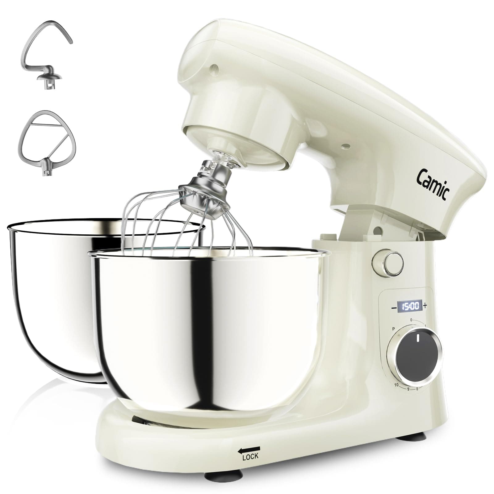 Camic Küchenmaschine mit LED-Display, Zeit Einstellen, Knetmaschine mit Rührhaken, Knethaken, Schlagbesen, 10 Stufen, 2 Edelstahlschüsseln 4L+5L, für Teig, Brot, Pizza, Kuchen (White) Angebot bei HelloDeals